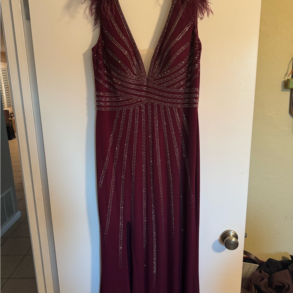 Terani Couture Burgundy Maxi Dress with Silver Accents